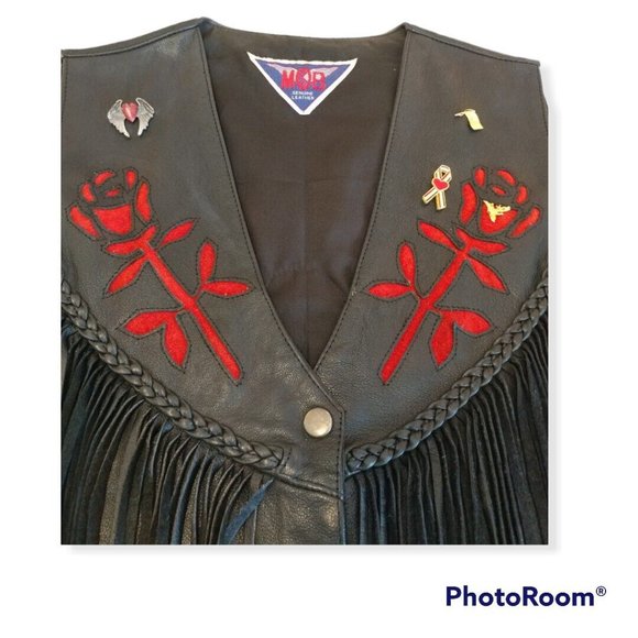 Women's MOB Rose Fringed Leather Vest with Suede Inserts and Pins - Picture 5 of 11